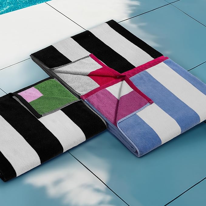 Juicy Couture Black/Hot Hot Pink/White Pink Reversible Cabana 36" x 72" 100% Cotton Oversized Beach Towel - Soft, Absorbent, and Quick-Drying, Perfect for Beach, Pool, or Travel