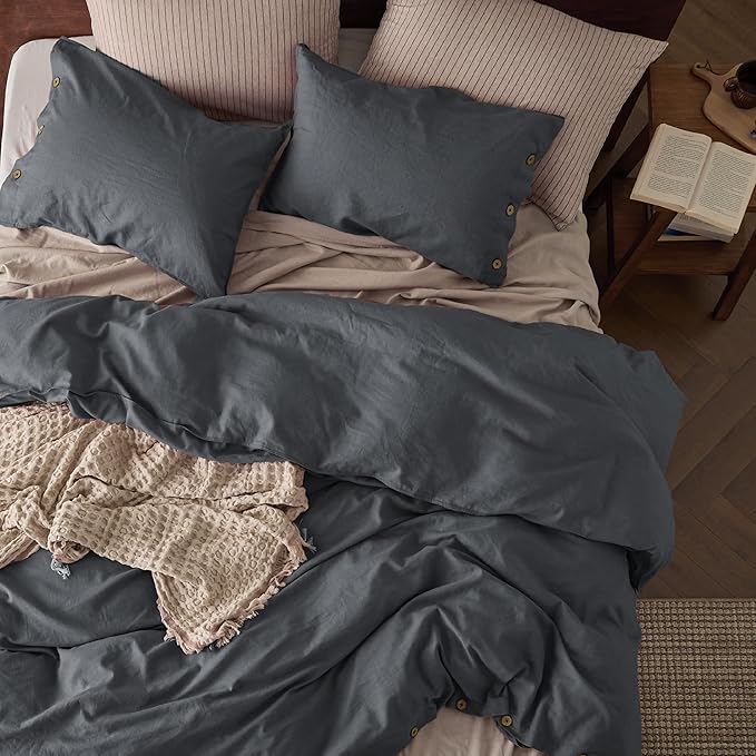 Bedsure Linen Duvet Cover Queen - Linen Cotton Blend Bedding Set, Soft & Cozy, 3 Pieces, 1 Duvet Cover 90x90 Inches and 2 Pillowcases, Charcoal Grey Color Cooling Bedding, Comforter Sold Separately