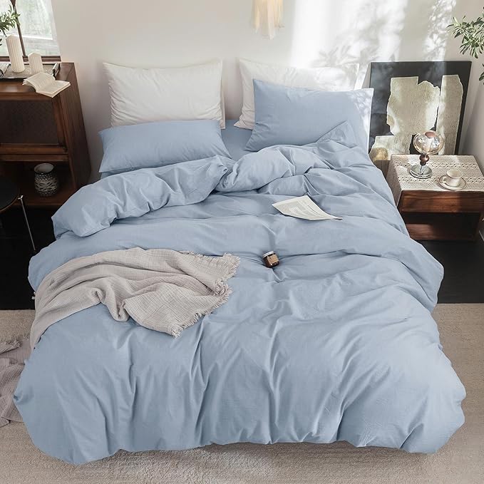 FOSSA Duvet Cover Set 100% Washed Cotton Linen Feel Super Soft Breathable Cozy 3 Pieces Bedding Sets Solid Cornflower Blue Super King