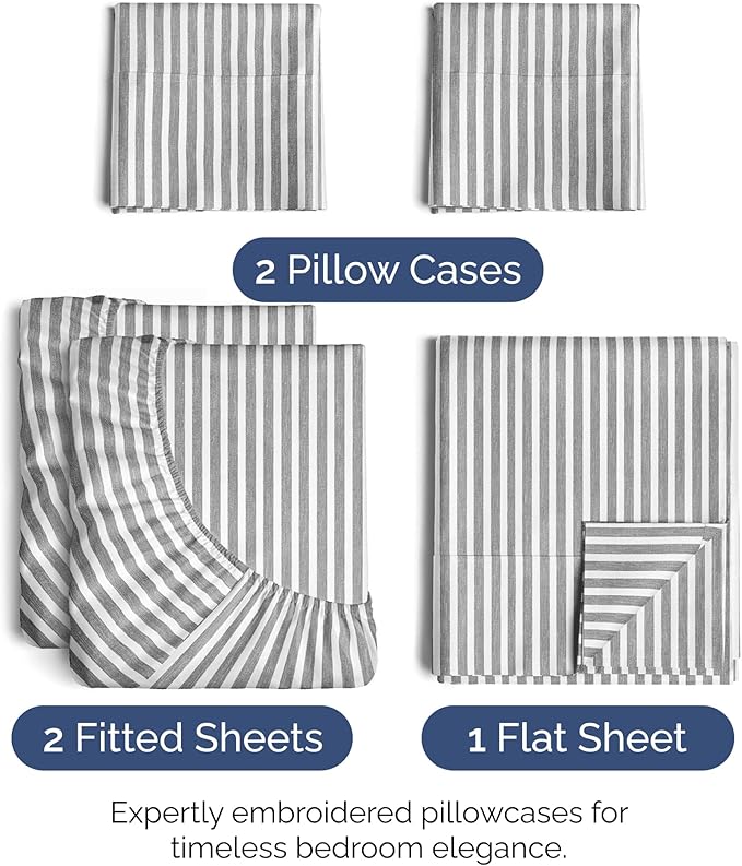 Split King Size 5 Piece Sheet Set - Extra Soft, Breathable & Cooling Sheets - Hotel Luxury Bed Sheets for Women & Men - Deep Pockets, Easy-Fit & Wrinkle-Free Sheets - Grey Stripes Oeko-Tex Bed Sheets