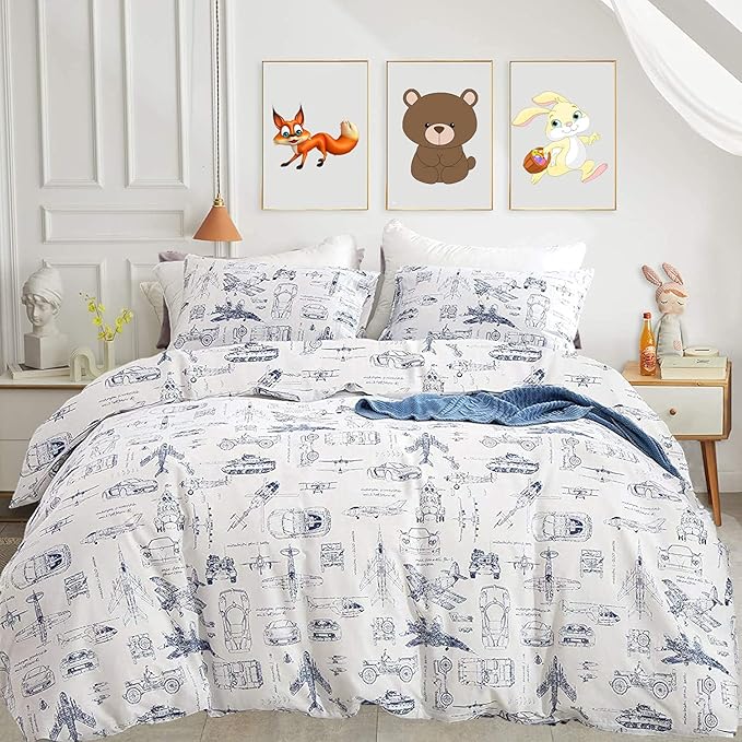 KAREVER White Aircraft Comforter Set Twin Boys Cartoon White Bedding Set Airplane Comforter Car Tank Printed Bedding for Children Teen Boy Blanket Set