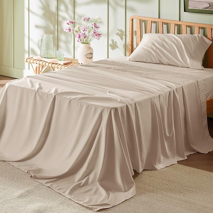 Bedsure Twin XL Sheet Sets Dorm Bedding - 3 Pieces Soft Extra Long Twin Sheets, Hotel Luxury, Easy Care Microfiber for Women, Men, Beige