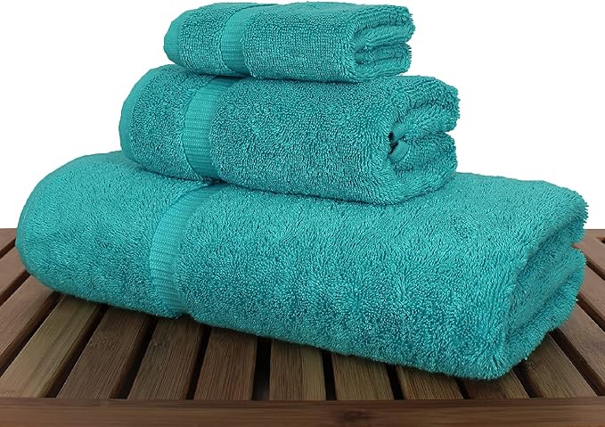 Luxury Hotel & Spa Quality Collection, Quick Dry 100% Turkish Cotton, 750+ GSM, Eco Friendly Towel Set, Bathroom and Kitchen Dobby Border Towels, Bath Towel, Hand Towel, Washcloths (3 Piece, Aqua)