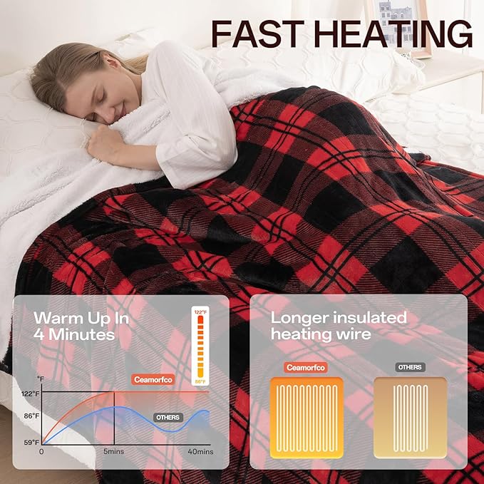 Heated Blanket Electric Throw, Heating Throw with 8 Fast Heating Levels/8 Hours Auto Off, Red Black Plaid Checkered Sherpa Blanket Warmer for Adults, Washable Blanket Gift for Couch Bed (50x60 inches)