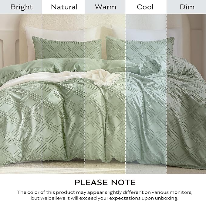 JELLYMONI Duvet Cover King Size Light Green - 3PCS Boho Duvet Cover Set Plaid Polyester Tufted Bohemian Jacquard Knit Textured Comforter Cover 104×90in Rhombic Geometric Pattern Zipper Corner Tie