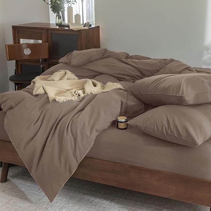 FOSSA Duvet Cover Set 100% Washed Cotton Linen Feel Super Soft Breathable Cozy 3 Pieces Bedding Sets Solid Black Super Queen