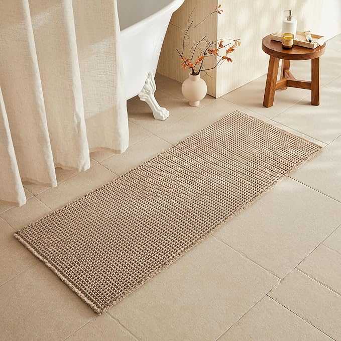 Waffle Runner Rug Bathroom, Long Boho Bathroom Rugs Non Slip Washable Super Absorbent Quick Dry Farmhouse Bath Decor, 60"x24" Beige
