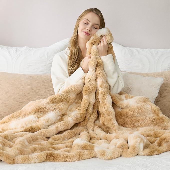 Cozy Bliss Faux Fur Throw Blanket for Couch, Fuzzy Soft Plush Thick Striped Blanket for Sofa Bedroom Living Room, 60 * 80 Inches Tie-dye Khaki