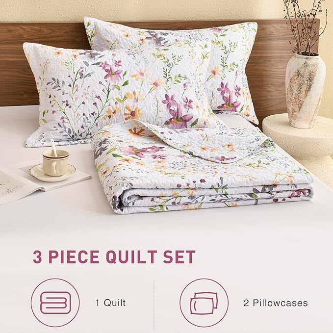 Lady Ann Wild Floral Printed Bed King Quilt Set 100% Cotton Yellow Flower Botanical Pattern Bedding, Vintage Lightweight Coverlet Ultra Soft Bedspread Set with Pillow Shams for All Season, 3 PCS
