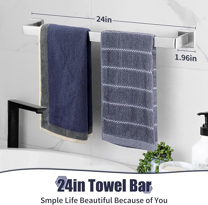 Bathroom Accessory Towel Bar Set: 5 Pieces Brushed Nickel Square Bathroom Hardware SUS304 Stainless Steel - 24 Inch Wall Mounted Towel Rack&Toilet Paper Holder&Towel Ring and Towel Hook