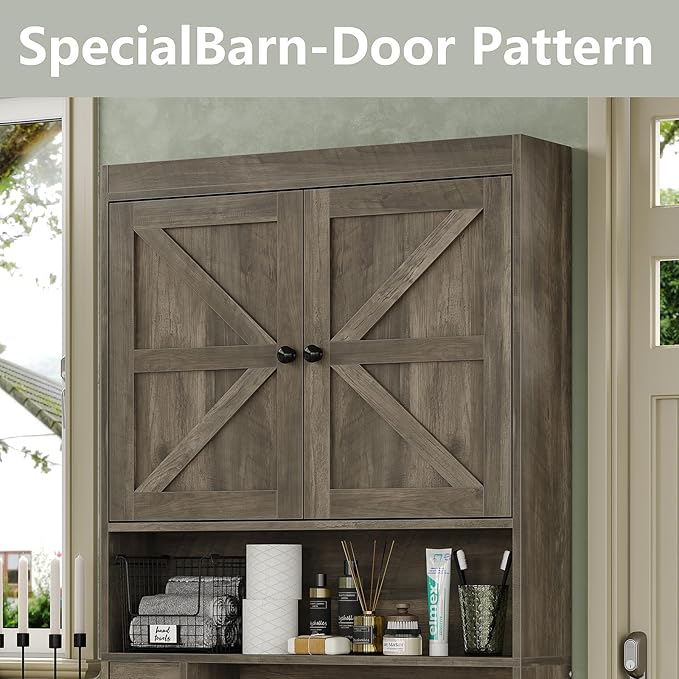 Furniouse Over The Toilet Storage Cabinet 32.3''W Wood Bathroom Storage Cabinet with Doors & Adjustable Shelves Free Standing Toilet Shelf, Gray