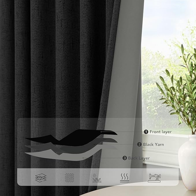 Pitalk Black Out Curtains 108 Inch Long 2 Panels Gothic Elegant Modern Linen Textured Drapes for Living Room Darkening Summer Heat Winter Cold Blocking 100% Blackout Curtain Window 108 Length Back Tab