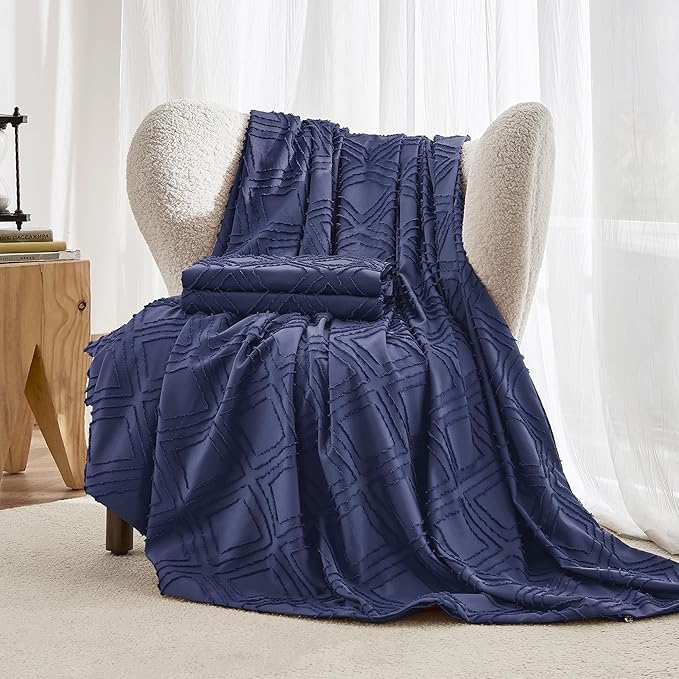 JELLYMONI Duvet Cover King Size Navy Blue - 3PCS Boho Duvet Cover Set Plaid Polyester Tufted Bohemian Jacquard Knit Textured Comforter Cover 104×90in Rhombic Geometric Pattern Zipper Corner Tie