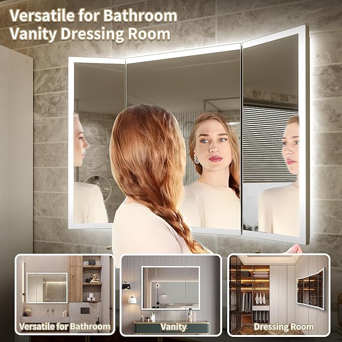 66x36 Trifold Bathroom Mirror with Lights with Removable Magnifier, 180° Foldable LED Mirror for Bathroom, Front&Backlit, Wall Mounted, Stepless Dimming, Color Temper Change, Anti Fog