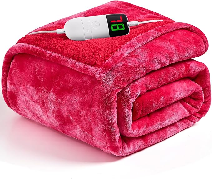 greenoak Heated Electric Blanket Throw, Faux Fur Sherpa Heating Blanket for Sofa Bed, Warm Winter Gifts for Mom/Grandma, Heater Lap Blankets 5-Position Timer &10 Heating Levels 50''*60" Red