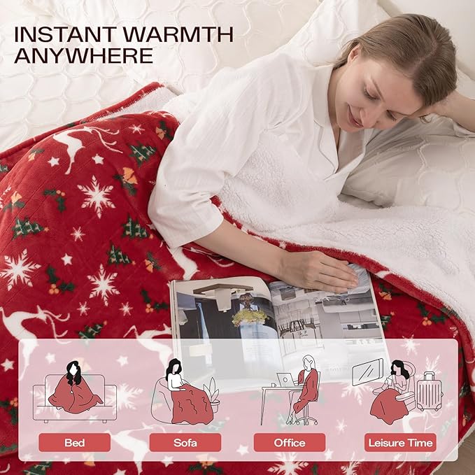 Heated Blanket Twin Size, Electric Blanket with 1-10 hrs Timer Auto-Off & 8 Heating Levels, Flannel& Sherpa Heating Blanket with ETL Certified, Christmas Blanket Gifts Machine Washable (62x 84”, Red)