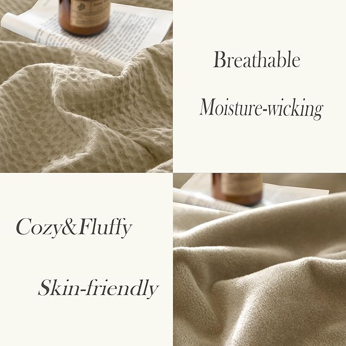 CHUFFED Cotton Waffle Blanket Queen Size - Plush Milk Velvet & Reversible Waffle Weave,Anti-Static 300Gsm Design，Thick Cozy Soft Winter Blanket for Bed, Couch, Sofa - Khaki, 90x90 Inches