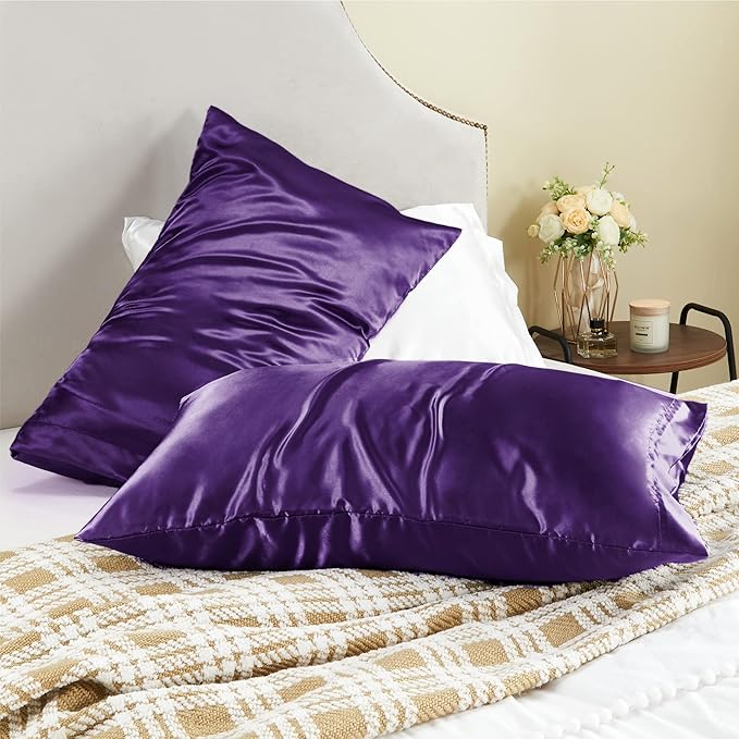 BEDELITE Satin Pillowcase for Hair and Skin, Super Soft and Cooling Similar to Silk Pillow Cases 2 Pack with Envelope Closure, Gift for Women Men(20"x26" Standard Size, Plum Purple)