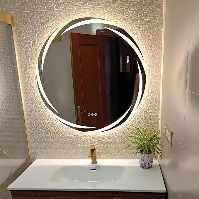 LUVODI Round LED Bathroom Mirror: 32” Circle Wall Mounted Large Lighted Makeup Mirror with 3 Color Bright Backlit - Smart Anti Fog Dimmable Vanity Mirror with Touch Switch for Restroom Toilet Hallway