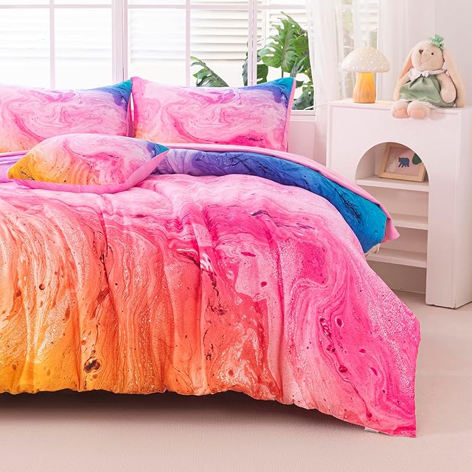 4Pcs Tie Dye Twin Comforter Set for Girls Kids, Watercolor Marble Abstract Art Pink Bedding Sets Twin Bed in A Bag (1 Comforter, 1 Flat Sheet, 2 Pillowcases)