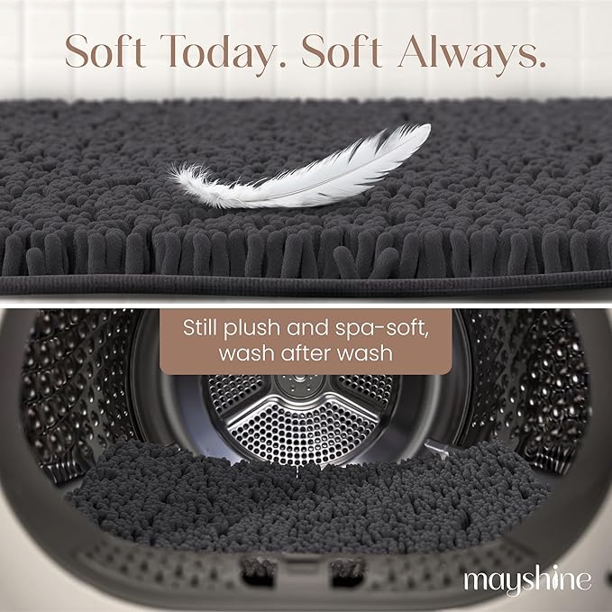 MAYSHINE Plush Shaggy Chenille Bath Mat | Extra Soft, Super Absorbent, Non-Slip Bathroom Rug | Fluffy Microfiber, Area Rug Sets for Bathroom Floor, Kitchen, Living Room | 23"x14" | Charcoal Gray