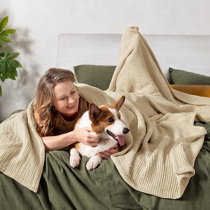 PHF 100% Cotton Waffle & Muslin Blanket Twin Size, Soft Breathable Luxury 400GSM Versatile Reversible Bedding for Bed, Great for Layering in Cold Weather, Home Decor Gift, 66" x 90", French Oak