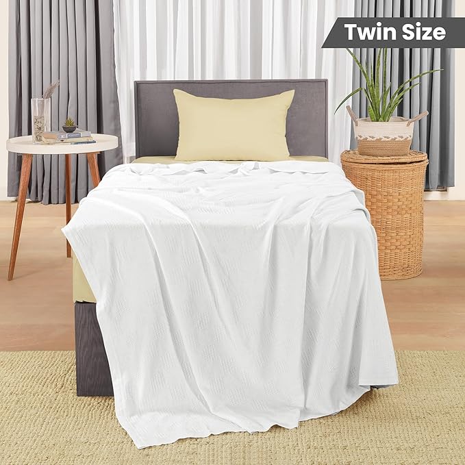Utopia Bedding White 100% Cotton Blanket [Twin Size - 90x72 Inch] 350GSM Lightweight, Soft and Breathable Thermal Dorm Bed Blanket for All Seasons