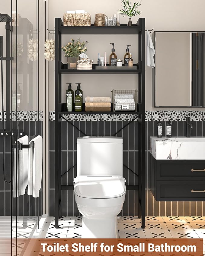 Ecoprsio Over-The-Toilet Storage Rack, 3-Tier Bathroom Organizer Shelf Over Toilet, Freestanding Space Saver Toilet Stands with 4 Hooks, Black