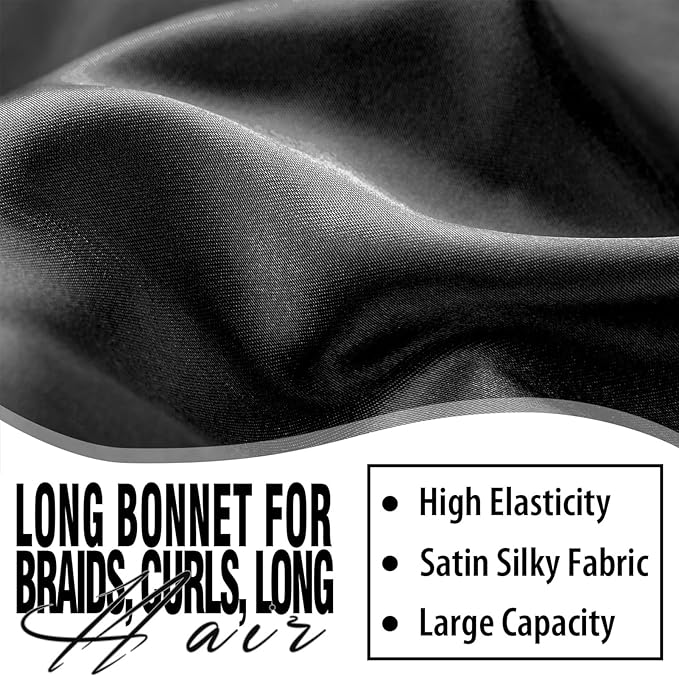 2Pcs Bonnets for Black Women Braid Bonnet, Large Long Satin Bonnet for Braids, Silk Bonnet with Stretchy Tie Band Sleep Cap Hair (2Pcs-Black&Red)