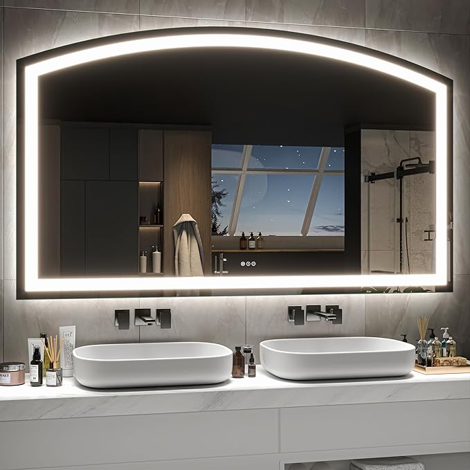 Hasipu 60x36 Inch LED Bathroom Mirror Arch Vanity Mirror with Lights Frontlit Smart Touch Sensor Dimmable 3 Colors Temperature Shatterproof Wall-Mounted Vanity Mirror Metal Frame
