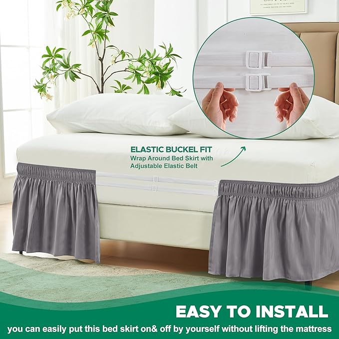 Biscaynebay Wrap Around Bed Skirts for Full & Full XL Beds 16" Drop, Silver Grey Adjustable Elastic Dust Ruffles Easy Fit Wrinkle & Fade Resistant Silky Luxurious Fabric Solid Machine Washable