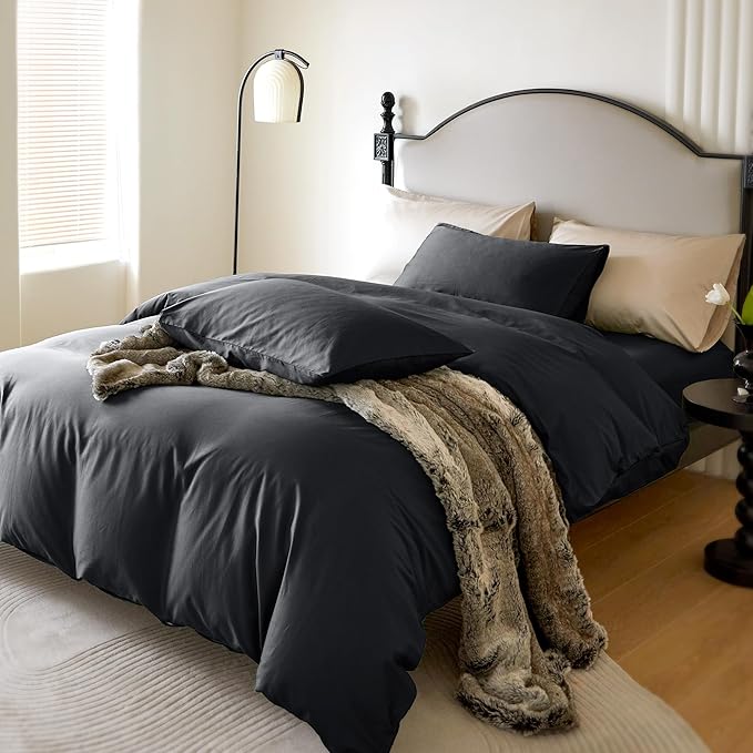 PURE ERA Duvet Cover Set 800 Thread Count Long Staple Cotton Sateen Soft Luxurious Smooth 3 Piece Set Black Full