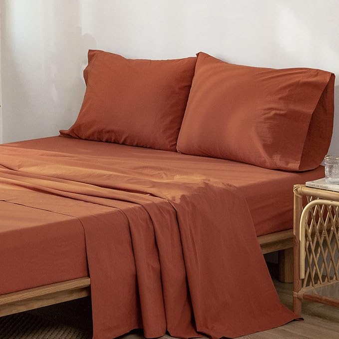 MooMee Bedding Sheet Set 100% Washed Cotton Linen Like Textured Breathable Durable Soft Comfy (Solid Rust Brown, Twin XL)