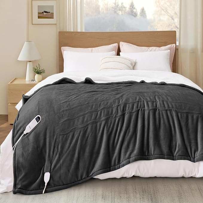 Bedsure Electric Blanket Twin - Soft Flannel Heated Blanket, Fast Heating with 10 Time Settings & 6 Heat Settings, Warm Gift for Grandma (62x84 inches, Dark Grey)