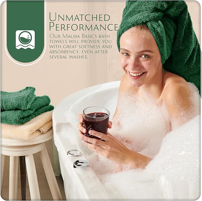 MAURA Basics Performance Bath Towels 100% Turkish Cotton with Hook Loops. Extra Large Luxury Absorbent Plush Towel Sets for Bathroom, Daily Use American Standard Size 27”x54”, Hunter Green