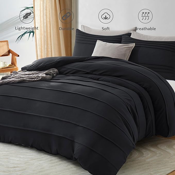 Oli Anderson Black Duvet Cover Queen Size - Pleated Queen Duvet Cover, 3PCS Soft and Breathable Textured Bedding Set with Zipper Closure(Black,90"x90")