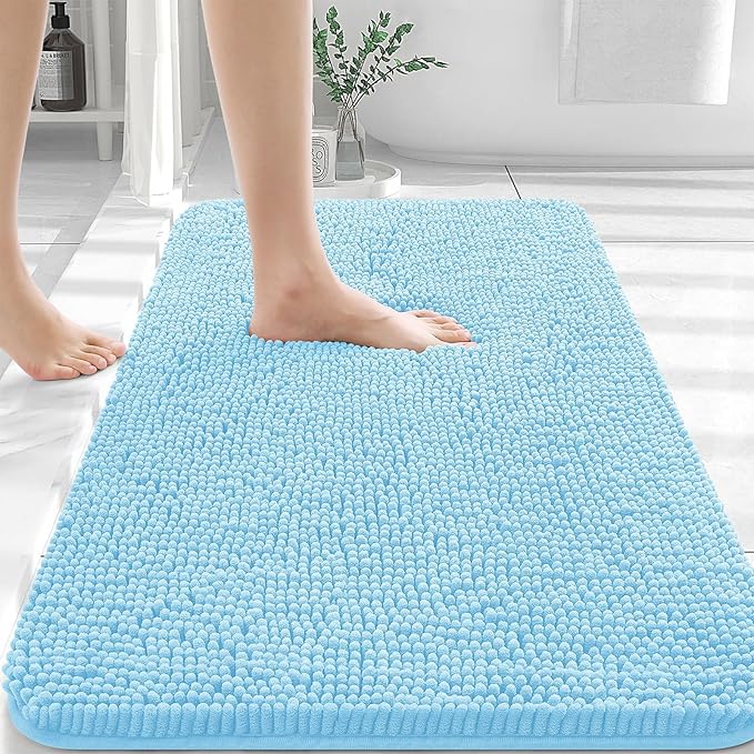 OLANLY Bathroom Rugs 30x20, Extra Soft Absorbent Chenille Bath Rugs, Rubber Backing Quick Dry, Machine Washable Bath Mats for Bathroom Floor, Tub and Shower, Home Decor Accessories, Sky Blue