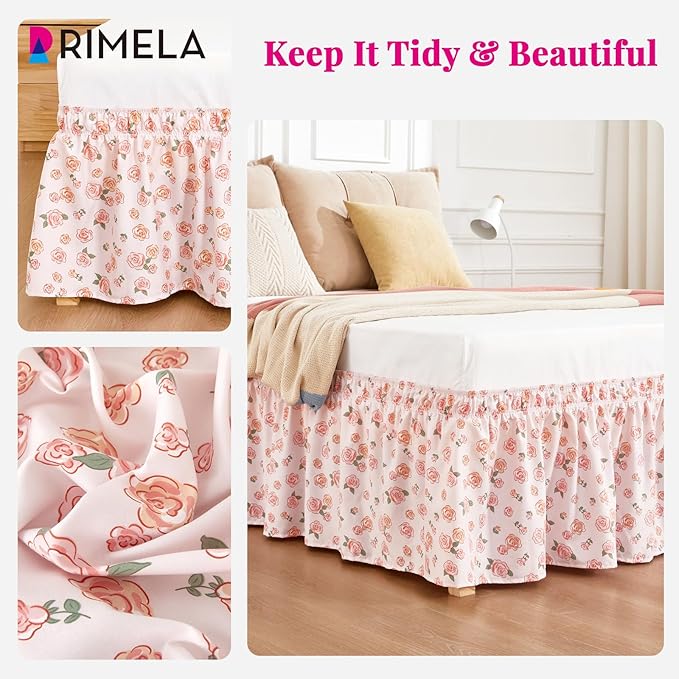 RIMELA Pink Rose Floral Bed Skirt Queen Size 15 Inch Drop, Elastic Bed Skirting for Bed Frame, Bedding Dust Ruffle Easy to Install, Lightweight Wrap Around Adjustable Bedskirt