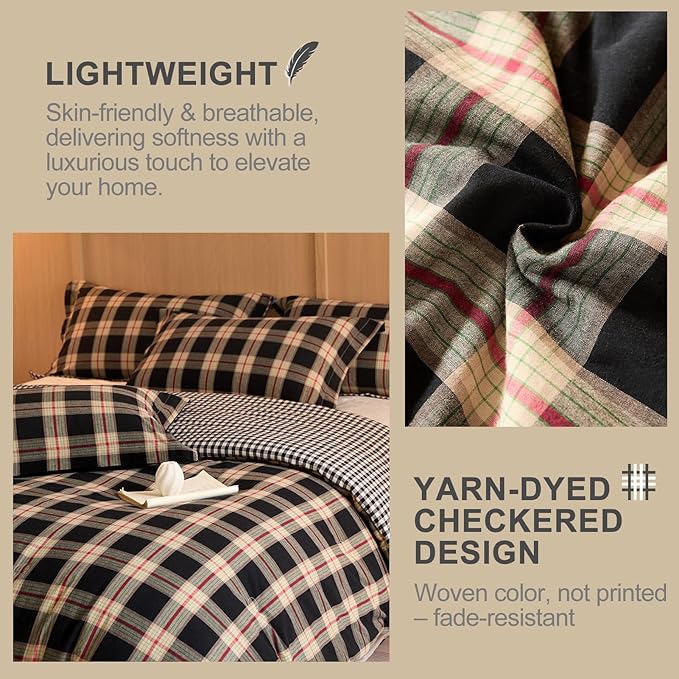 100% Cotton Comforter Set Queen Size – Reversible Yarn-Dyed Checkered Design, Soft Washed Cotton on Both Sides, Lightweight All-Season Bedding, Machine Washable(Black Red Plaid, 90”x90”)