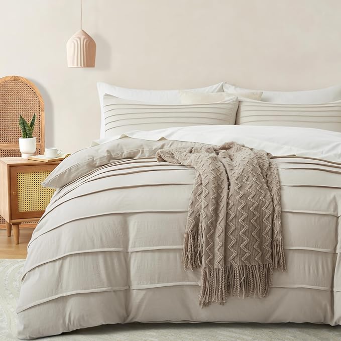 Oli Anderson Linen Grey Duvet Cover Queen Size - Pleated Queen Duvet Cover, 3PCS Soft and Breathable Textured Bedding Set with Zipper Closure(Linen,90"x90")
