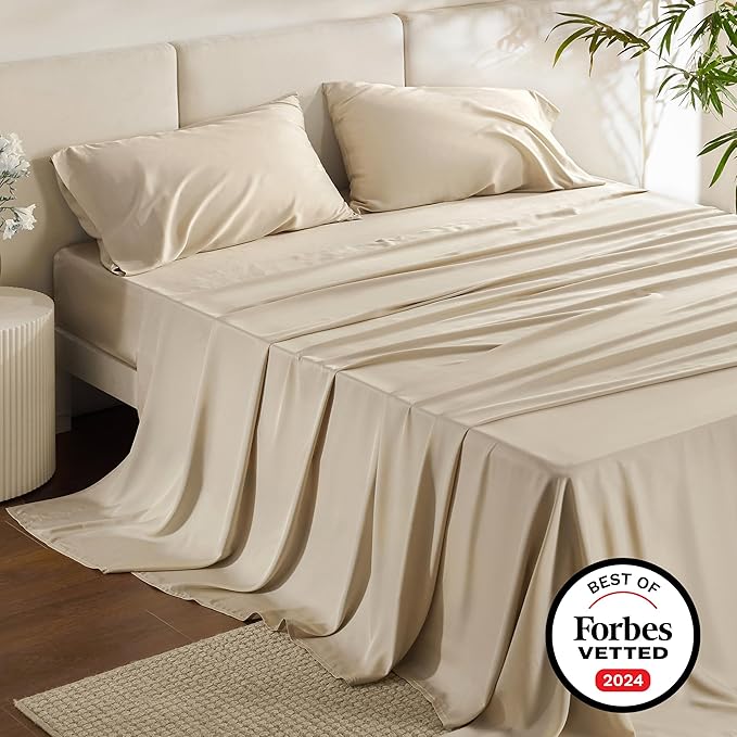 Bedsure California King Sheet Sets, Cooling Sheets for Hot Sleepers, Rayon Derived from Bamboo, Deep Pocket Up to 16 Inches, Breathable & Soft, Hotel Luxury Silky Bedding, Beige