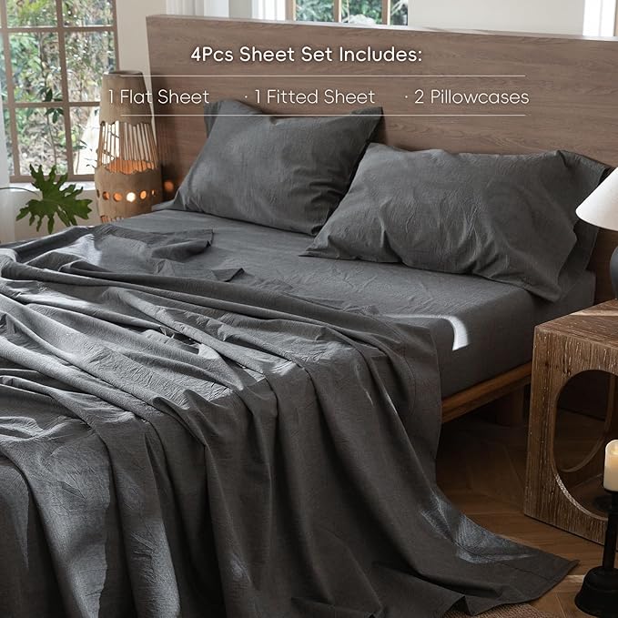 MooMee Bedding Sheet Set 100% Washed Cotton Linen Like Textured Breathable Durable Soft Comfy (Heathered Dark Grey, King)