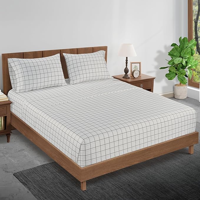 Lane Linen Split King Sheets Sets for Adjustable Bed – 450 Thread Count 100% Cotton Bedsheets, Sateen Sheets, 15” Deep Pocket Fully Elasticized Fitted Sheet, Luxury Sheet & Pillowcase Sets, Windowpane