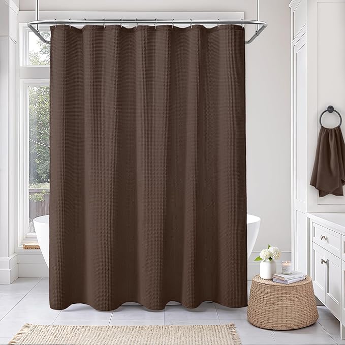 Extra Long Waffle Shower Curtain - Brown Cotton Texture Fabric Heavyweight Shower Curtain for Bathroom,72Wx84L