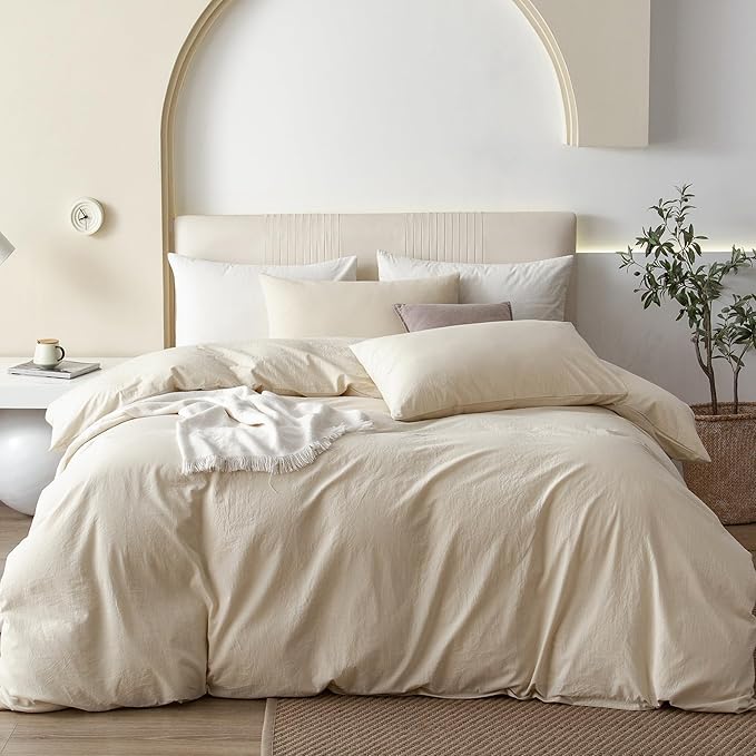 JIYUAN 100% Washed Cotton Duvet Cover Set 3 Pieces Queen, 1 Duvet Cover 90x90 Inches(Comforter Not Included) and 2 Pillowcases,Linen Feel Bedding Set Comfy and Breathable,Heathered Beige