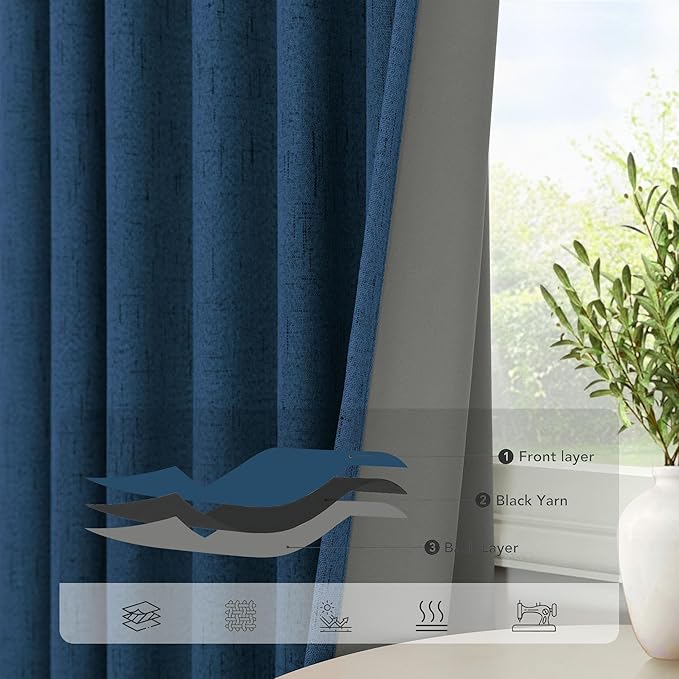 Navy Blue Linen Textured Curtains 90 Inches Long 2 Panels Set Modern Neutral Nursery Blackout Curtains for Kids Bedroom Black Out Thermal Drapes for Summer Heat Noise Reducing Back Tab 52x90 Length