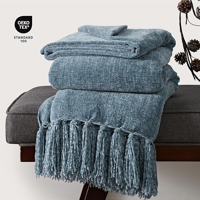 EVERGRACE Soft Chenille Throw Blanket for Couch, Cozy Plush Fuzzy Decorative Chenille Knit Throw Blanket with Tassels, Lightweight Blanket and Throws for Bed Sofa Gift Home Decor, Cloud Blue 60"x80"
