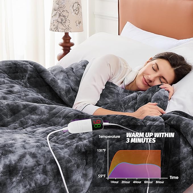 greenoak Heated Electric Blanket Throw, Faux Fur Sherpa Heating Blanket for Sofa Bed, Warm Winter Gift for Dad/Grandma, Heater Lap Blankets 5-Position Timer &10 Heating Levels 62''*84" Marble Grey