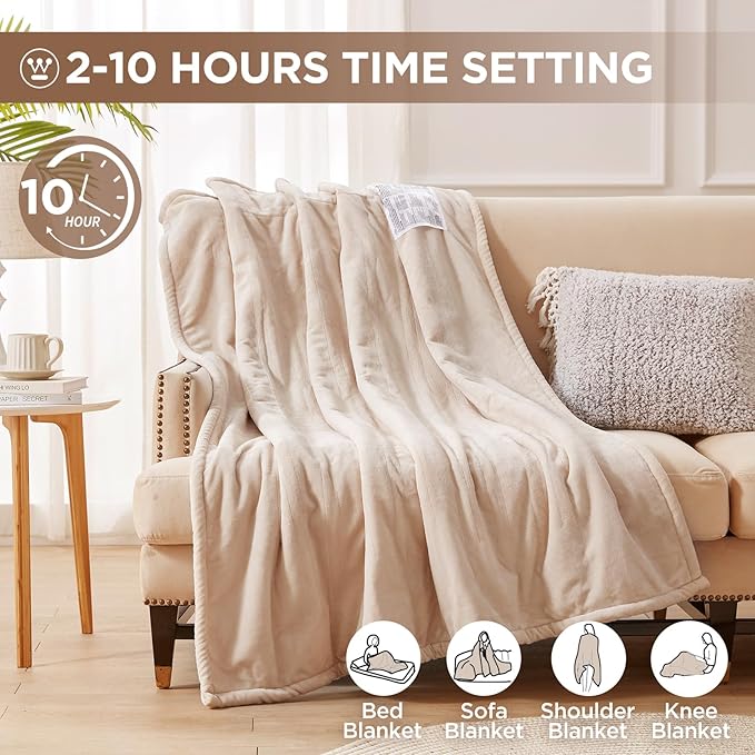 Westinghouse Heated Blanket Throw, Electric With 6 Heating Levels, 2-10 Hours Time Settings, Overheat Protection, Machine Washable, Flannel (50x60 Inches, Beige)