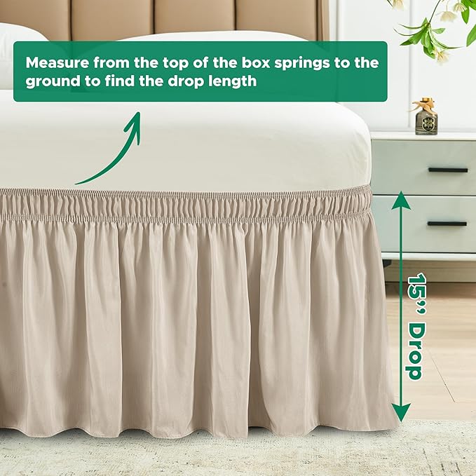 Biscaynebay Wrap Around Bed Skirts for Full & Full XL Beds 15 Inch Drop, Light Camel Elastic Dust Ruffles with Adjustable Belts Silky Luxrious Fabric Machine Washable